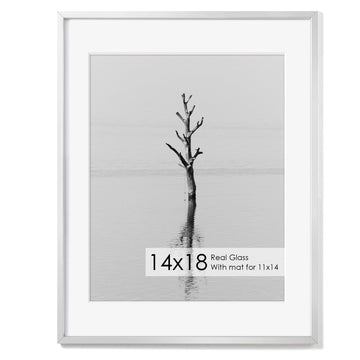 14x18 Metal Picture Frame with 11x14 Mat, Brushed Aluminum Finish, Attached Hanging Hardware, and Tempered Glass Front - Versatile Vertical or Horizontal Wall Display Frames Set of 1 - Silver