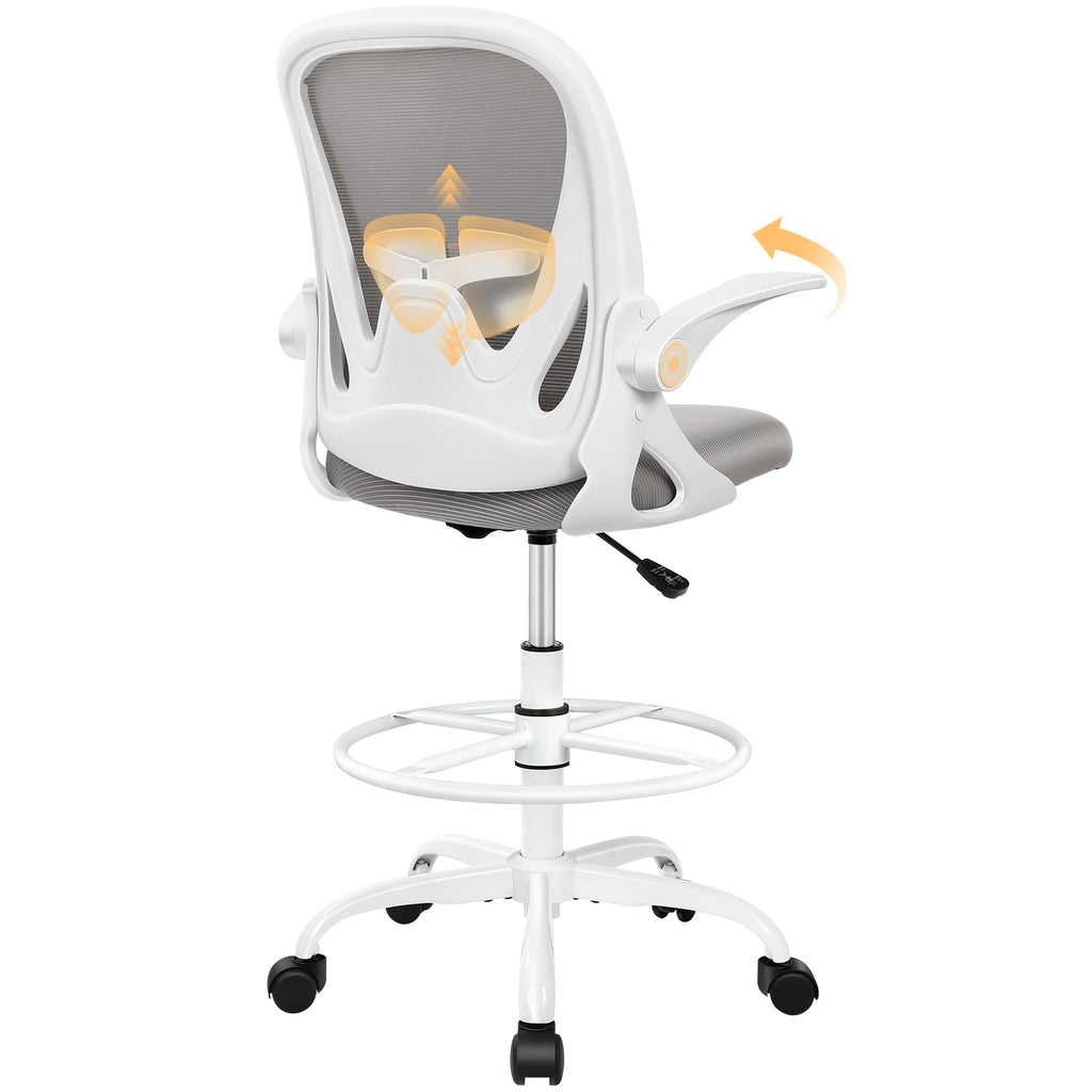Ergonomic Drafting Chair with Flip-up Armrests & Adjustable Footrest – Tall Office Chair for Standing Desks, Lumbar Support, Gray – Home &