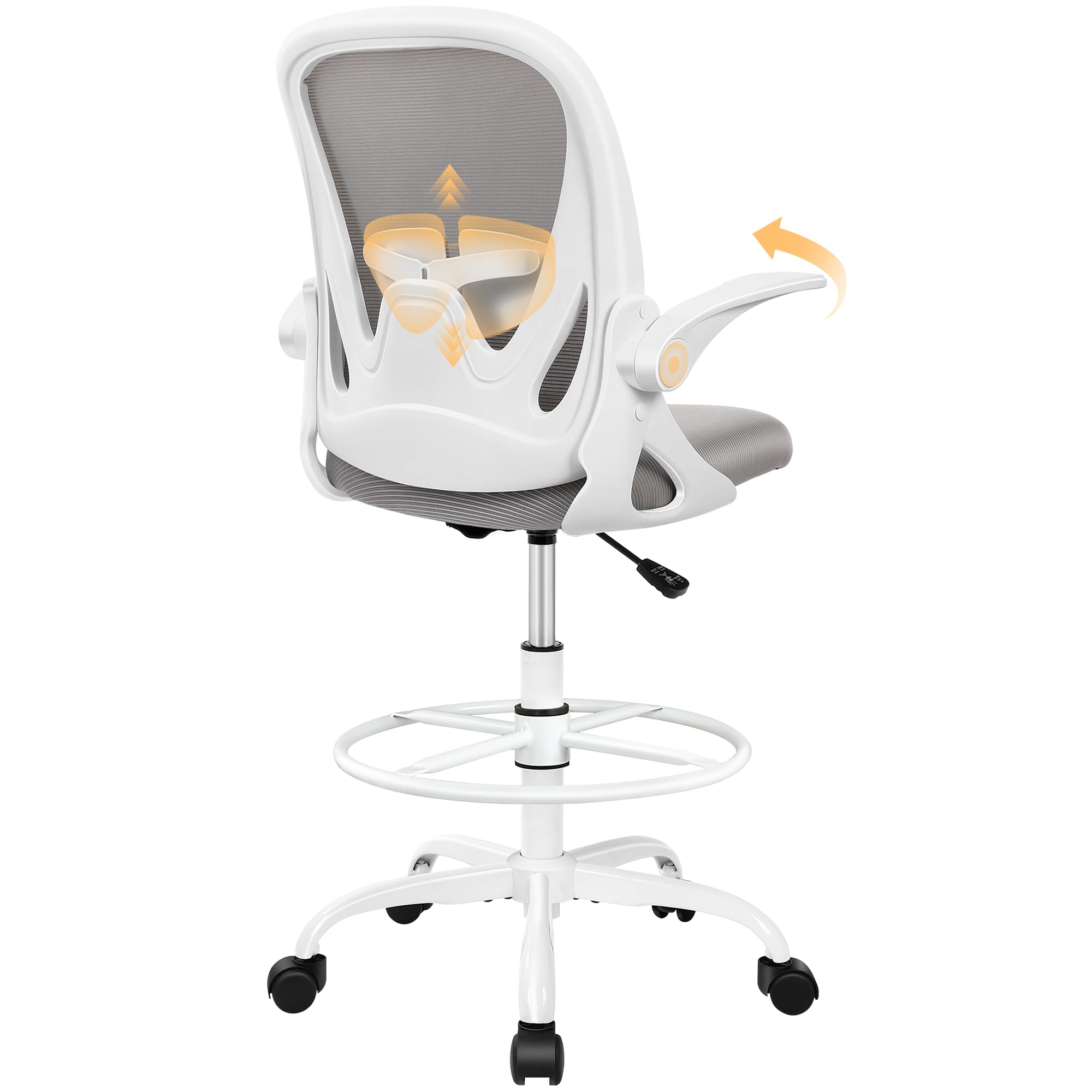 Ergonomic Drafting Chair with Flip-up Armrests & Adjustable Footrest – Tall Office Chair for Standing Desks, Lumbar Support, Gray – Home &