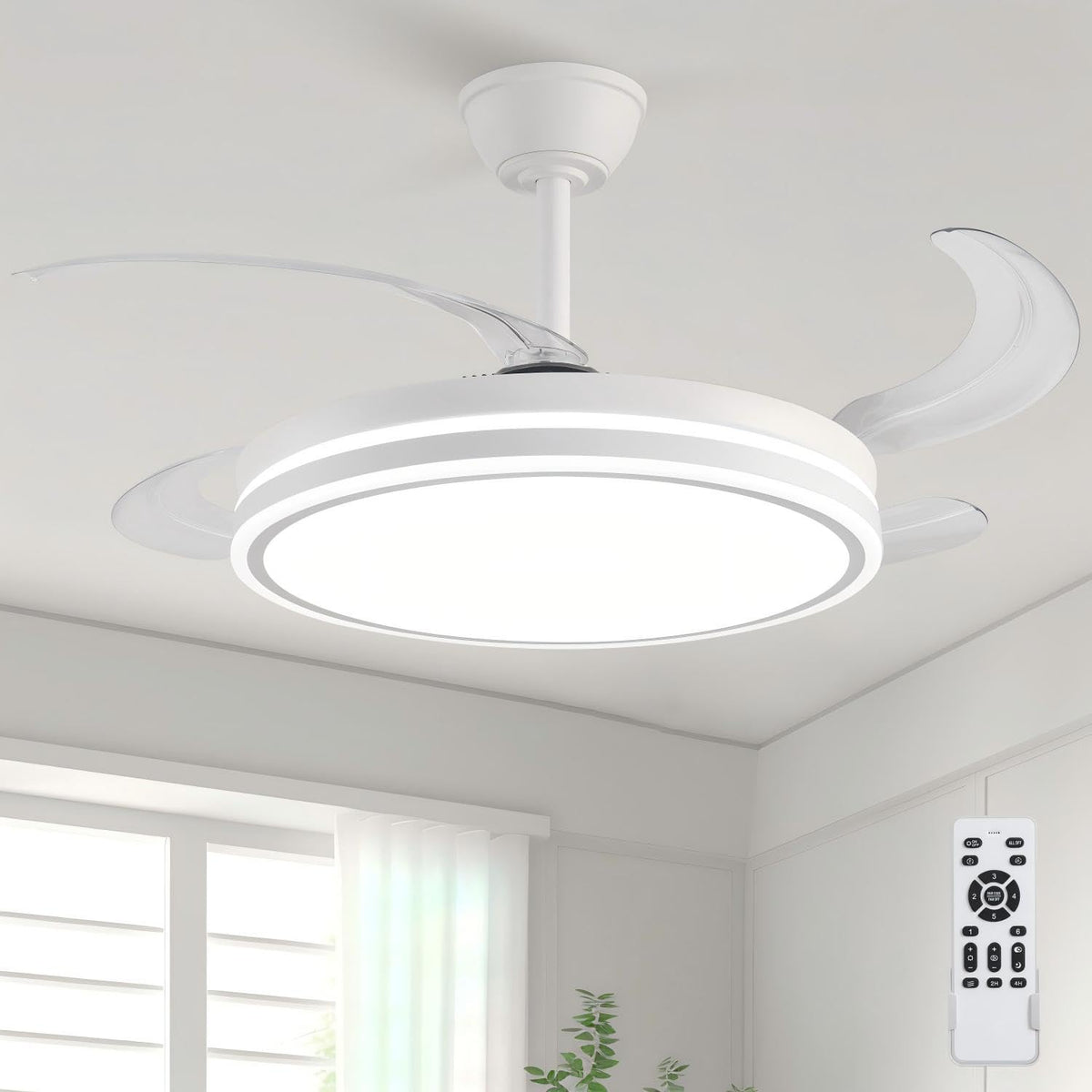 Retractable Ceiling Fans with Lights and Remote, 42 Inch White Chandelier LED Fan, 20W Energy Saving,Memory Function,Timer Setting,Ultra Quiet Invisible Blades Fan for Kitchen, Bedroom