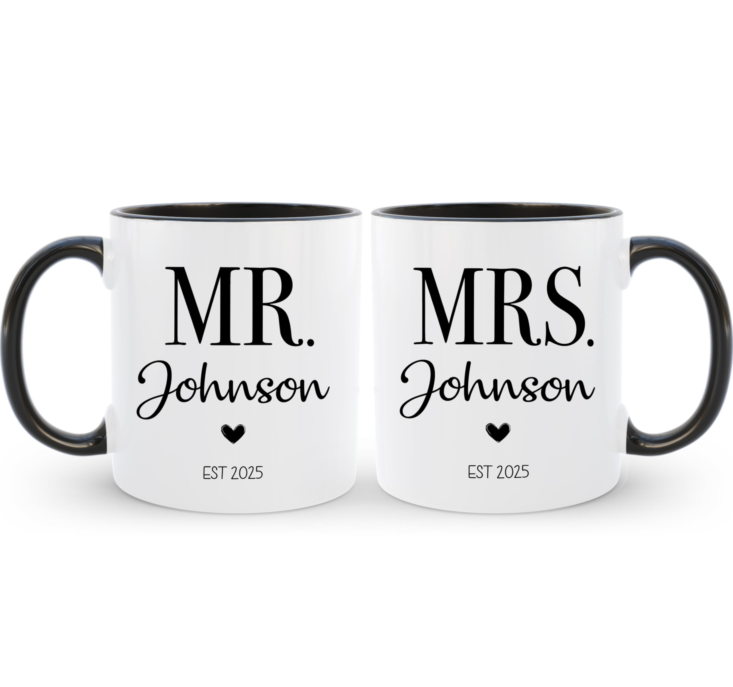 Personalized Mr & Mrs Coffee Mug Set | Customized Couple Gift Set for Engagement, Wedding, Anniversary, Valentine's Day | Custom Name Ceramic Tea Cup | 11 oz (White - Black)