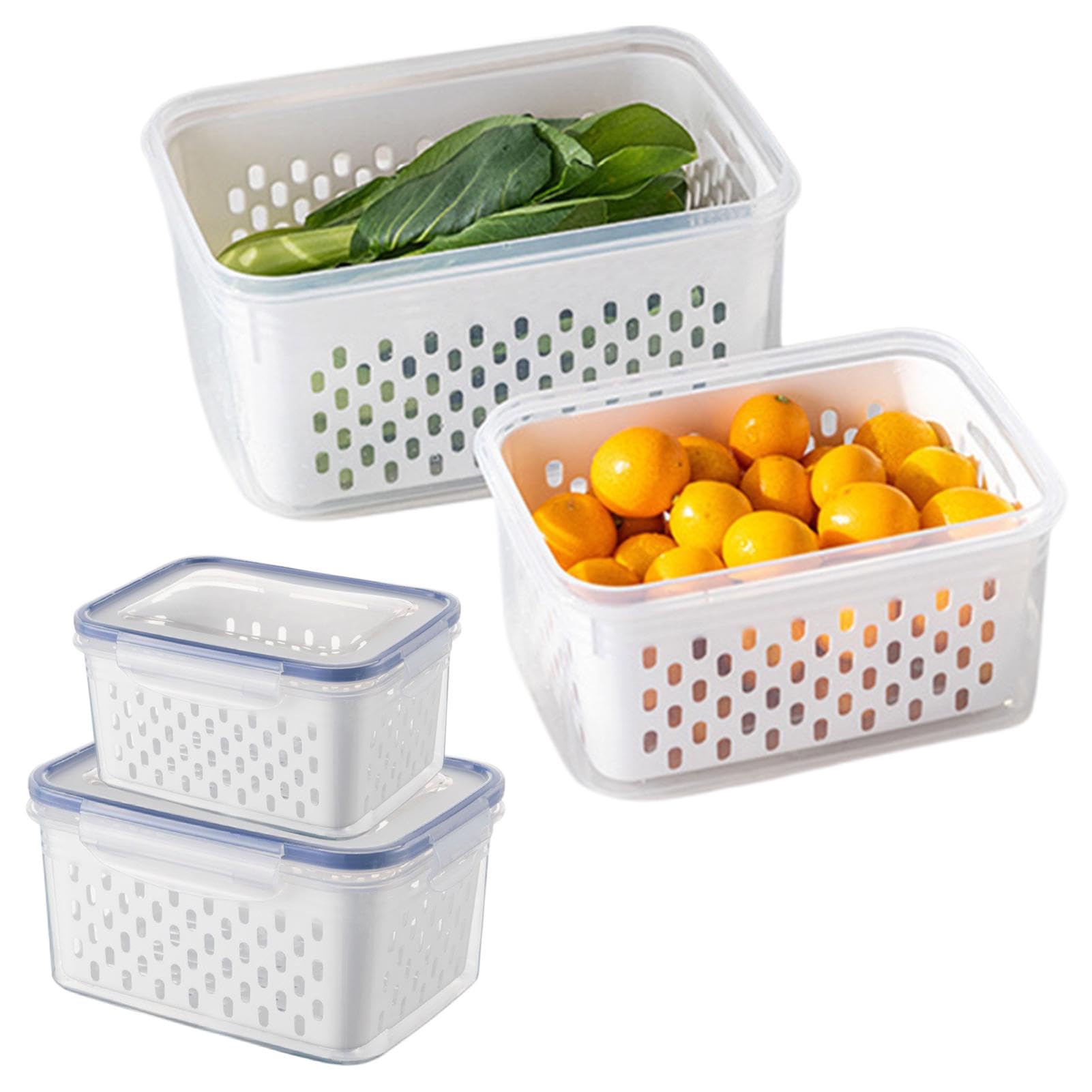2 Pack Fruit Storage Containers for Fridge with Removable Colanders, Dishwasher & Microwave safe Produce Storage Containers with Lids Keep Fruits, Vegetables, Berry, Meat Fresh longer