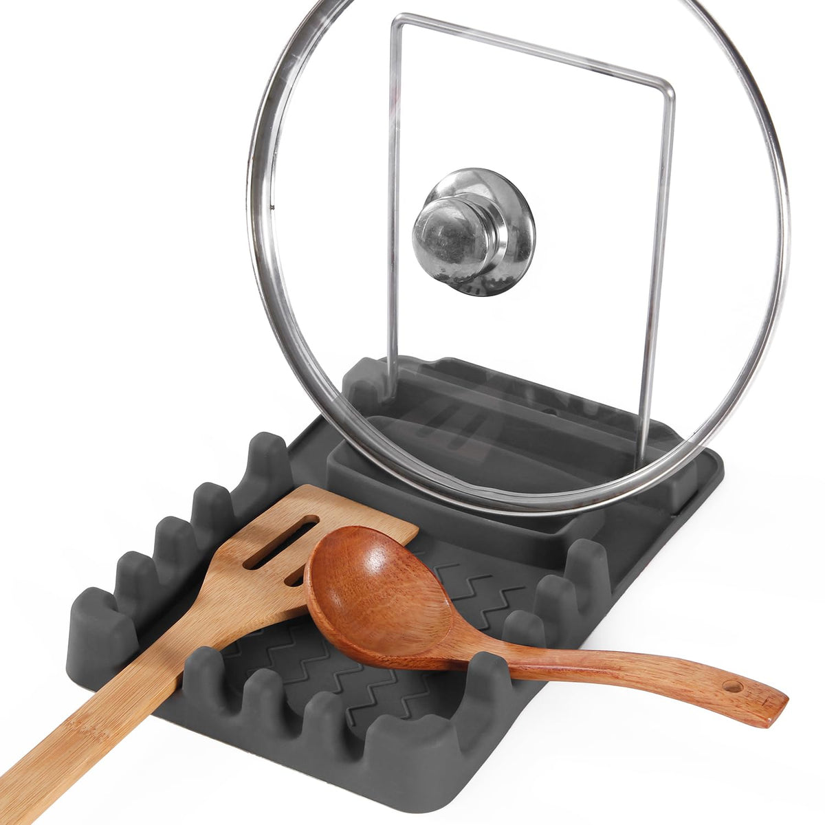 Silicone Utensil Rest with Foldable Stainless Steel Lid Holder – Multi-Slot Spoon & Spatula Holder, Heat Resistant, Non-Slip Rubber Feet, Dishwasher Safe, Space-Saving Kitchen Tool-grey