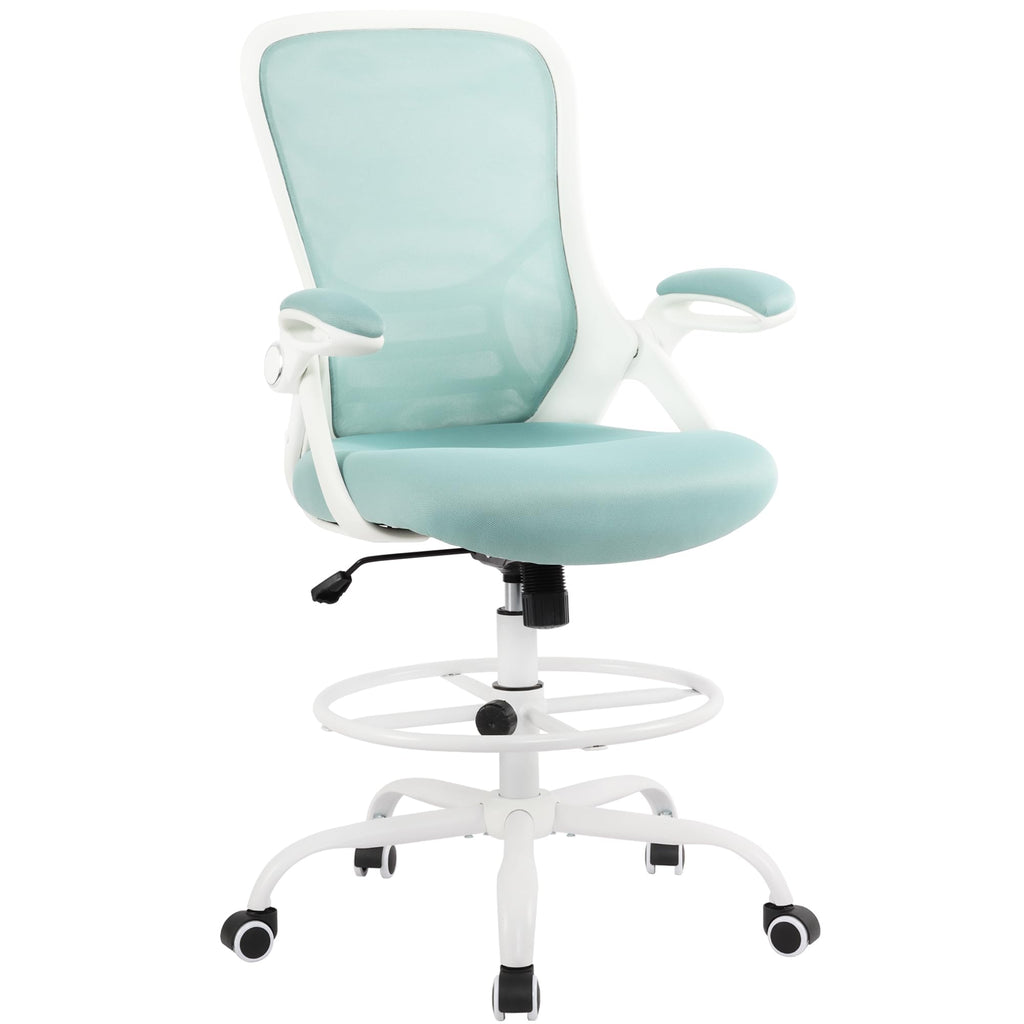 Hylone Drafting Chair Tiffany Blue, Tall Office Chair Standing Desk Stool with Adjustable Height, Foot Ring, Flip-up Arms, Mesh High-back