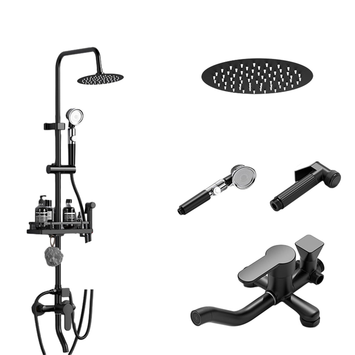 Exposed Shower System Faucet Set 8 Inch ABS Shower Head 4-Way Diverter Handheld Shower High Adjustable Wall Mount?Round-8 inches