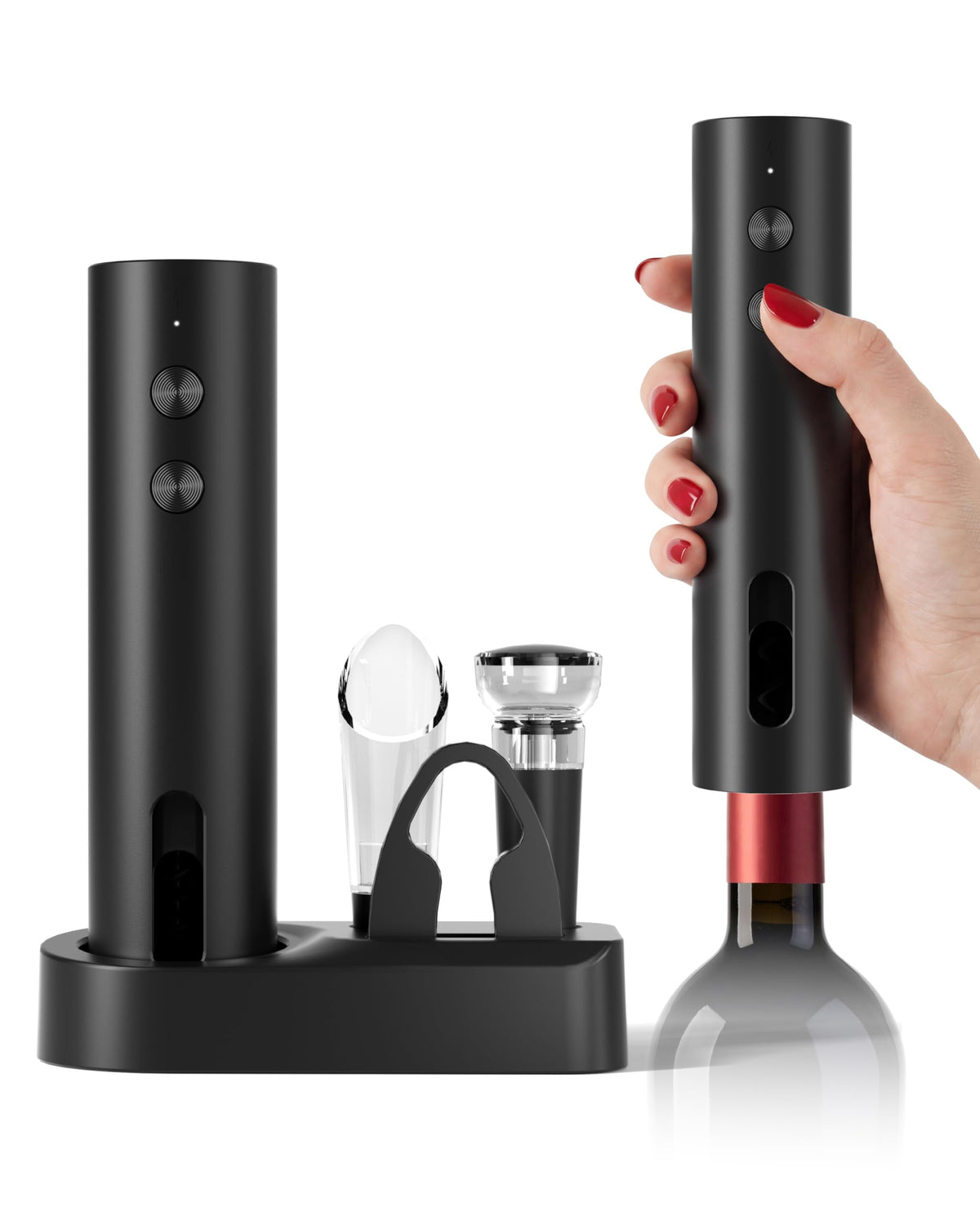 Rechargeable 5-in-1 Electric Wine Opener Set, Cordless Automatic Wine Bottle Opener with Foil Cutter, Aerator Pourer, Vacuum Stopper & Storage Base, Ideal for Home Bar, Party, Wedding Gifts