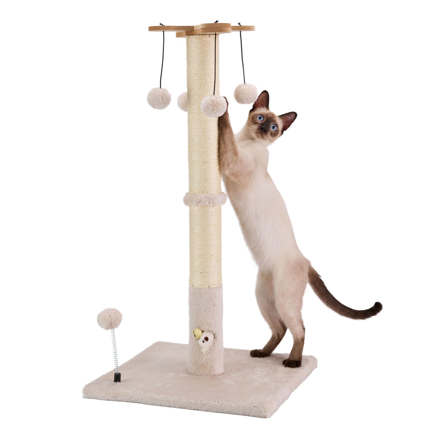 PAWSFANS Cat Scratching Post for Indoor Cats and Kittens,30inches Tall Sisal Scratch Posts with Four Hanging Ball Toys and Reinforce The Stable Base Beige