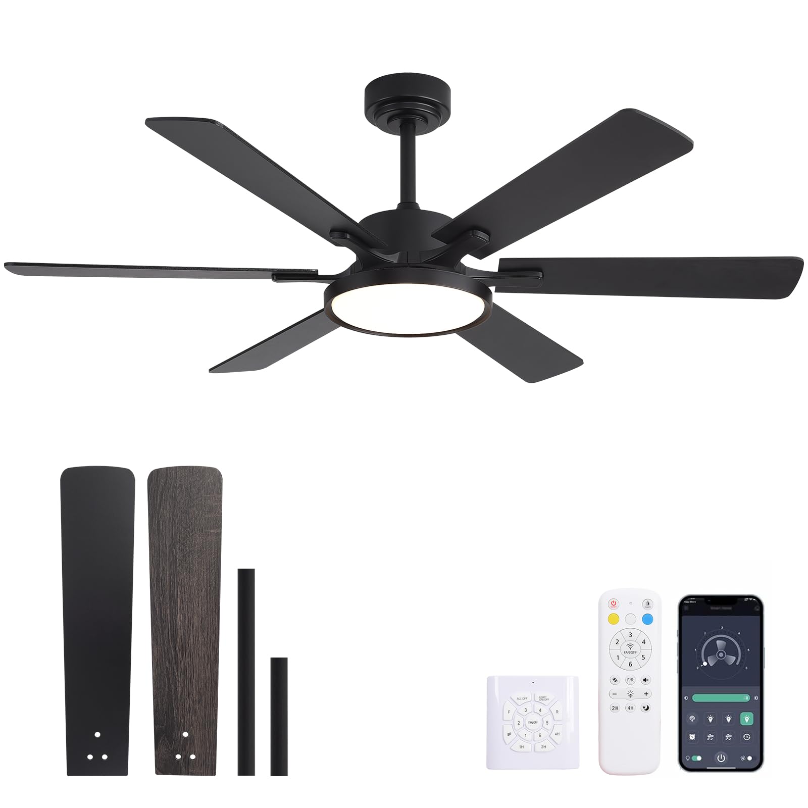 52in Black Low Profile Ceiling Fan with Light, Remote Control, 6 Blades, Dimmable LED, Flush Mount, Reversible, 6 Speeds, Ultra Quiet, Indoor Use, Bonus Wall Switch, Outdoor Rated