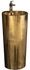 Fine Fixtures Gold Ceramic Column Bathroom Sink, Elegant One Piece Pedestal Sink, Modern Freestanding Round Art Wash Basin, Single Faucet Hole, No Overflow