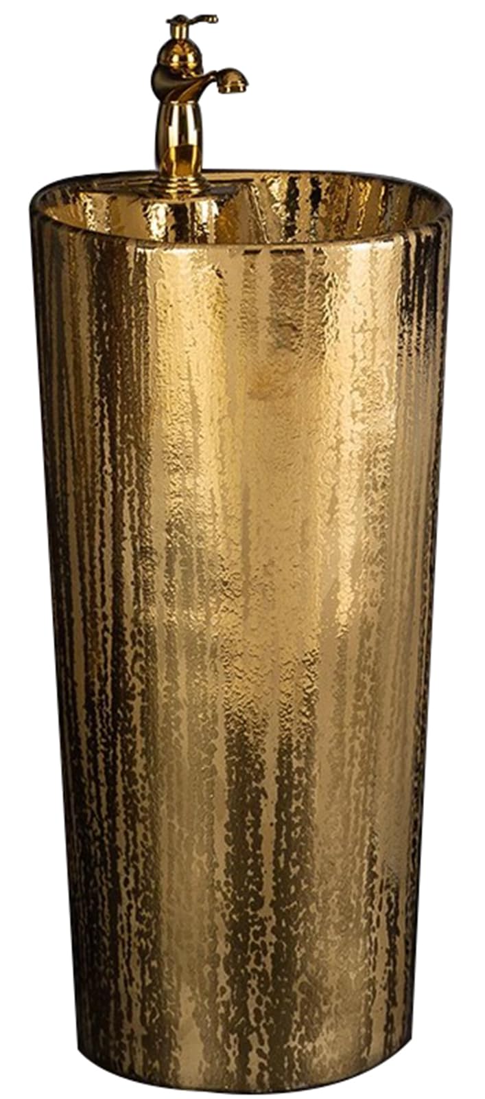 Fine Fixtures Gold Ceramic Column Bathroom Sink, Elegant One Piece Pedestal Sink, Modern Freestanding Round Art Wash Basin, Single Faucet Hole, No Overflow