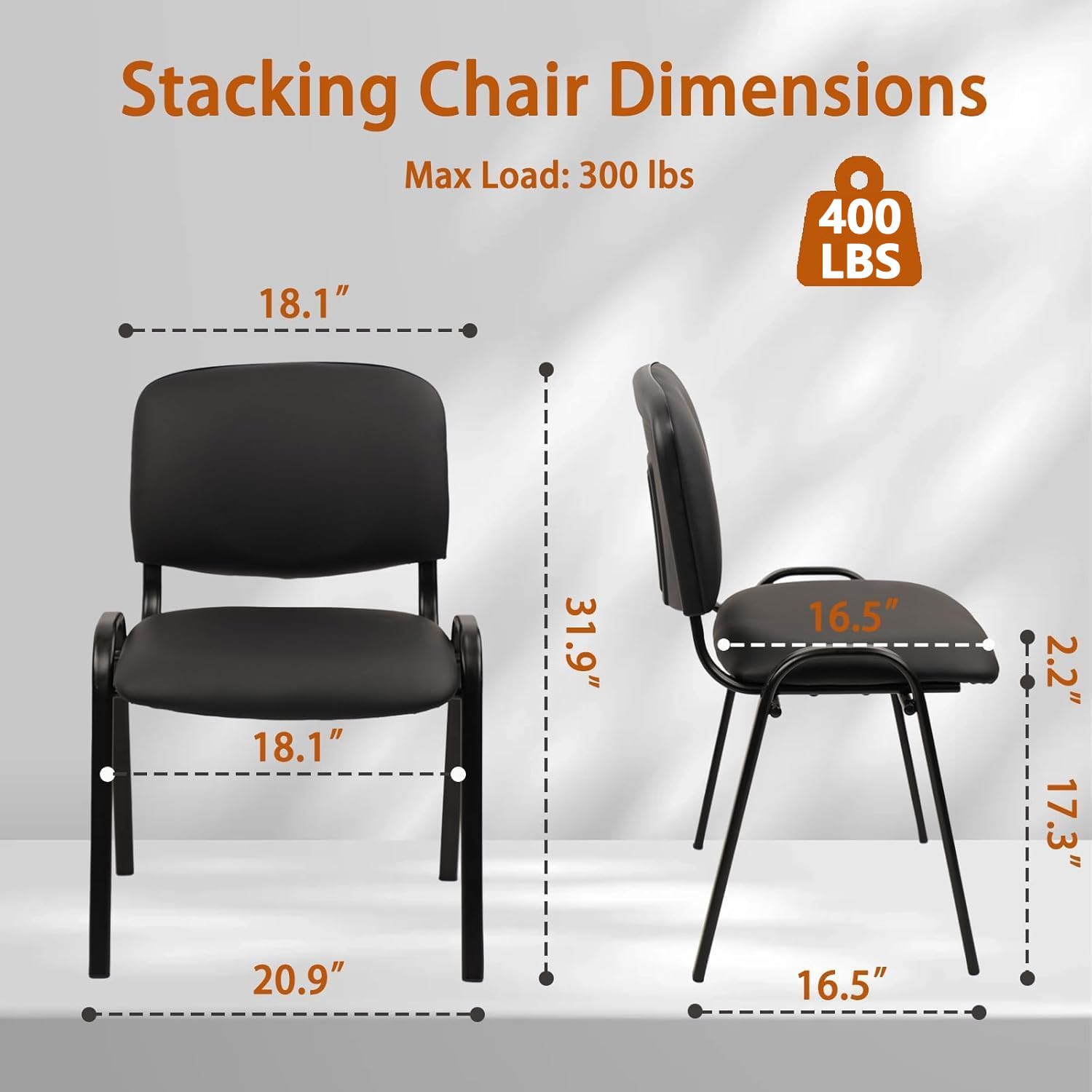 Clatina Stackable Waiting Room Chairs, Pu Leather Guest Reception Chair with Upholstered Thickene Seat and Back Support, Stacking Chair Metal