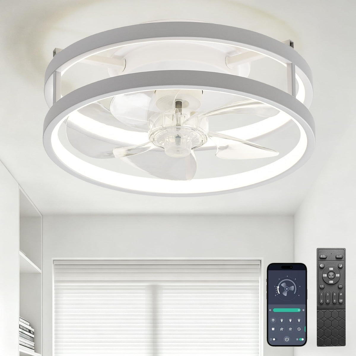 13 Inch Small Ceiling Fan with Light and Remote, Low Profile Flush Mount Fandelier, Dimmable 3CCT Quiet LED Ceiling Fans for Bedroom, White