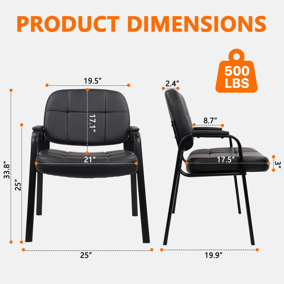 Clatina Big & Tall 500 Lbs Waiting Room Guest Chair, Leather Office Reception Chair No Wheels with Padded Arms for Elderly Home Desk Conference