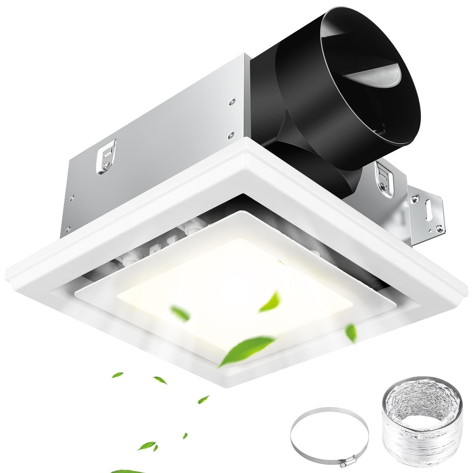 FEITON Bathroom Exhaust Fan with Light (3000K/4000K/5000K), Ceiling Mount, 110 CFM 1.0 Sones, Quiet Square Bath Fan Light Combo(Metal housing, 4 Inch Duct, Ceiling Opening Size: 7.6 x 7.3 Inches)