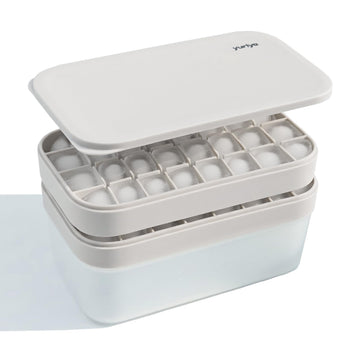 yuriya Ice Cube Tray Set with Lid & Bin, 2 Silicone Trays (32-Cube Each, 64 Total), Easy-Release, Stackable, Leak-Proof, Dishwasher Safe, Sand Beige