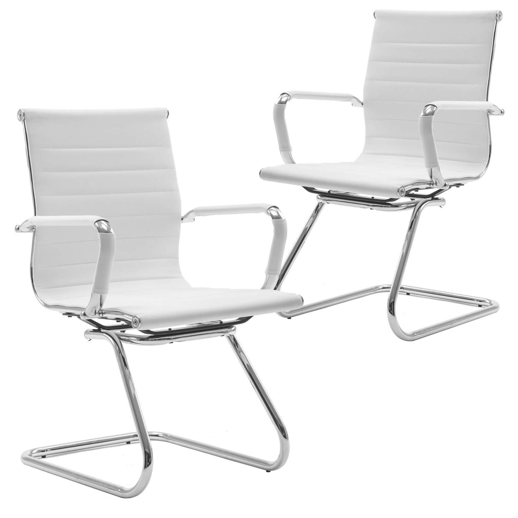 Cimota Waiting Room Chairs Leather Office Guest Chair Mid Back Reception Chairs with Sled Base for Meeting/patient/conference Room, White Set