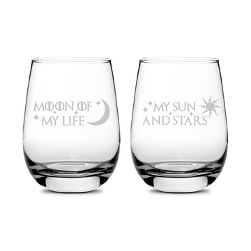 Integrity Bottles, GOT, Moon Of My Life, (Set of 2) Premium Stemless Wine Glasses, Handmade, Handblown, Hand Etched Gifts, Sand Carved, 16oz