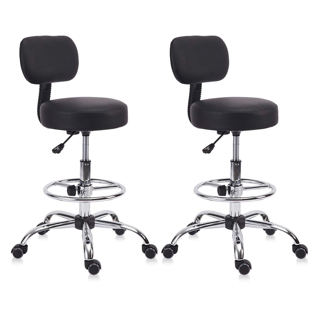 Klasika Drafting Chair with Backrest, Adjustable Foot Rest Height Rolling Stool with Wheels, Leather Swivel Work Shop Office Stools Chairs,