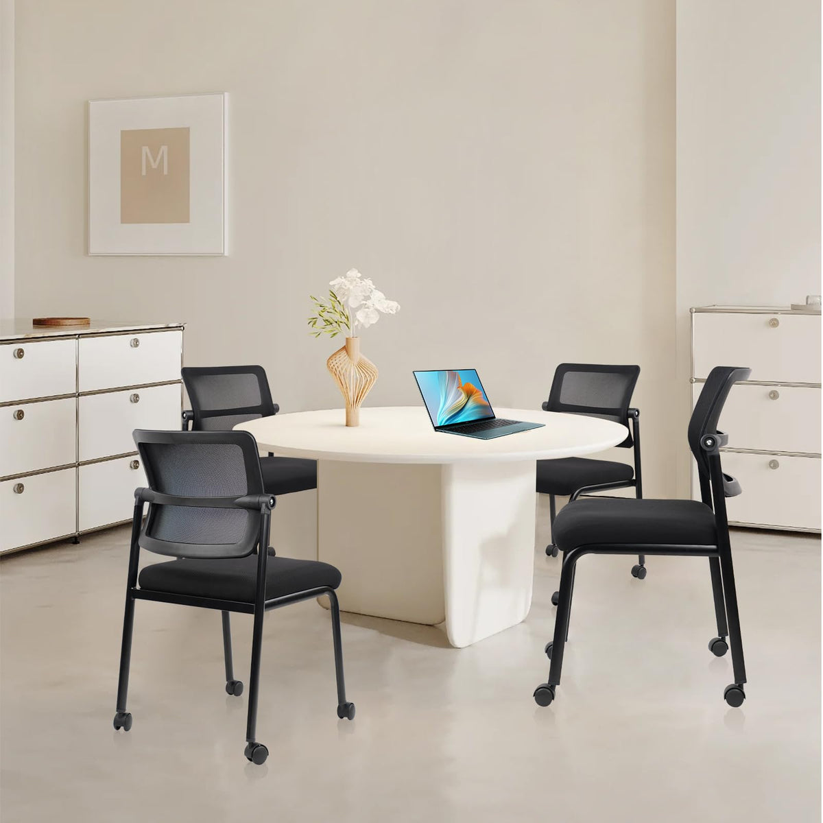 Clatina Stacking Armless Office Waiting Room Chair with Wheels, Stackable Mesh Guest Reception Desk Chairs with Adjustable Backrest for