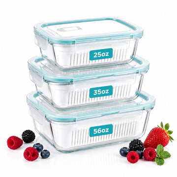 KIMIFACA Glass Berry Container for Fridge, 3 Pack, 56oz 35oz 25oz, with Removable Colander and Vent Valve, Fresh Produce Storage Set