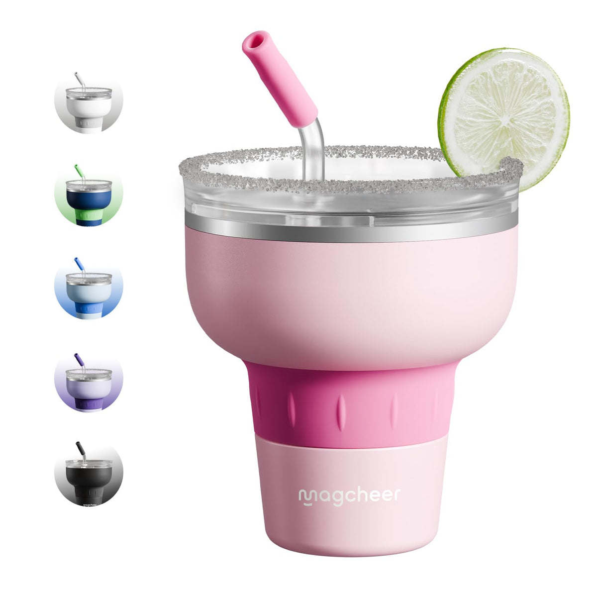 16 oz Cocktail Tumbler with Lid and Straw - Stainless Steel Insulated Margarita Tumbler - 320° Sippable Stemless Wine Cup for Party | Pink