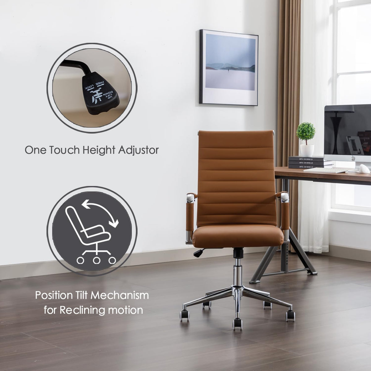 Office Desk Chair Leather, Conference Room Chairs with Wheels, Executive Modern High Back Ergonomic Swivel Rolling Ribbed Computer Chair(brown)