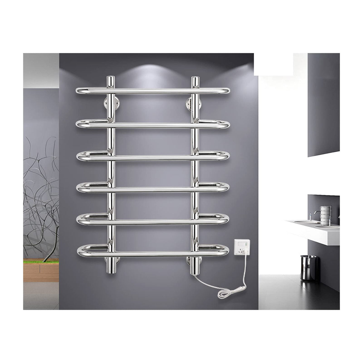 APUM Towel Warmer, Wall Mounted 6-Bars Electric Towel Warmer Drying Rack 304 Stainless Steel Towel Rack 80W Towel Rail for Bathroom