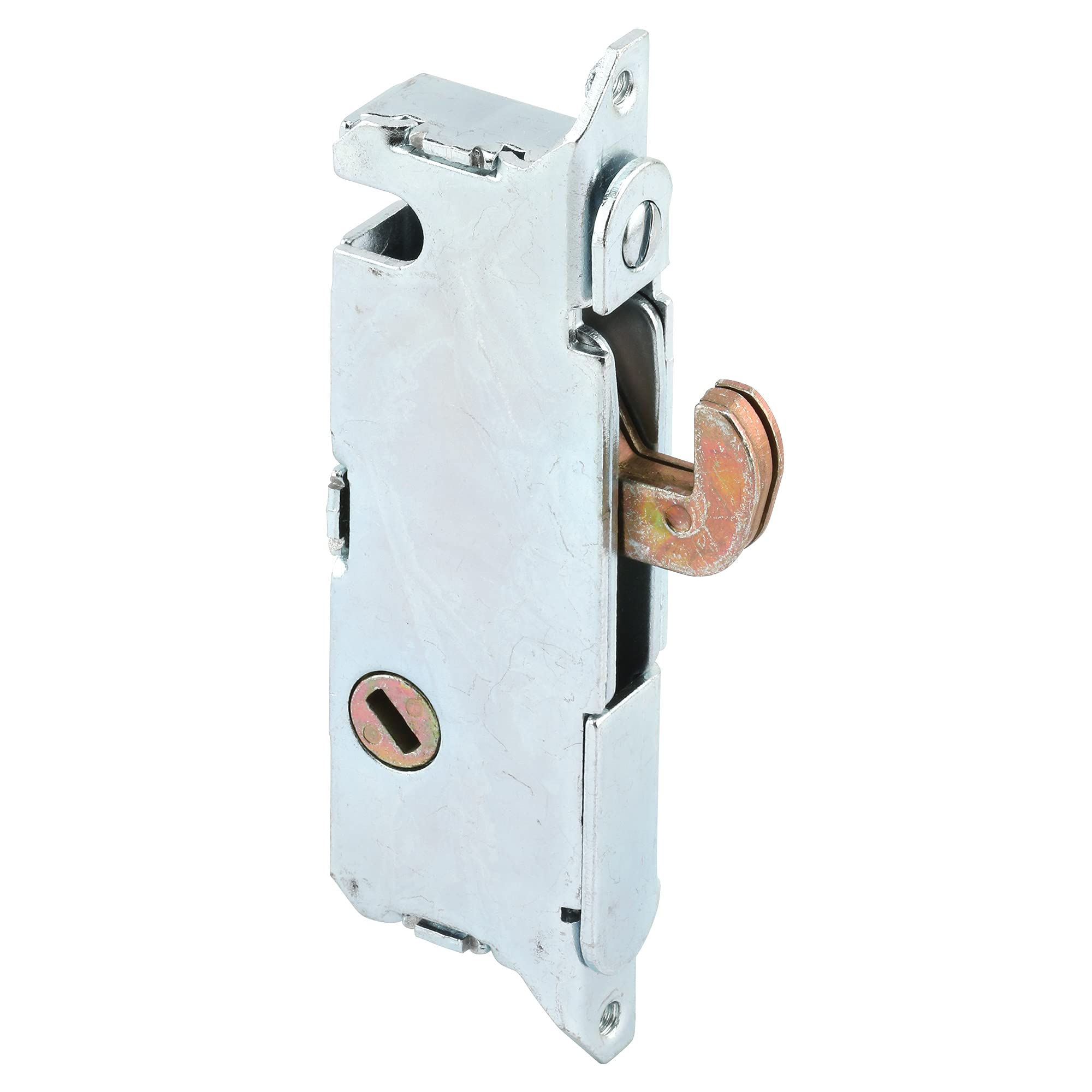 Prime-Line E 2014 Mortise Lock - Adjustable, Spring-Loaded Hook Latch for Sliding Patio Doors Constructed of Wood, Aluminum and Vinyl, 3-11/16 In., 45 Keyway, Round Face (Single Pack)