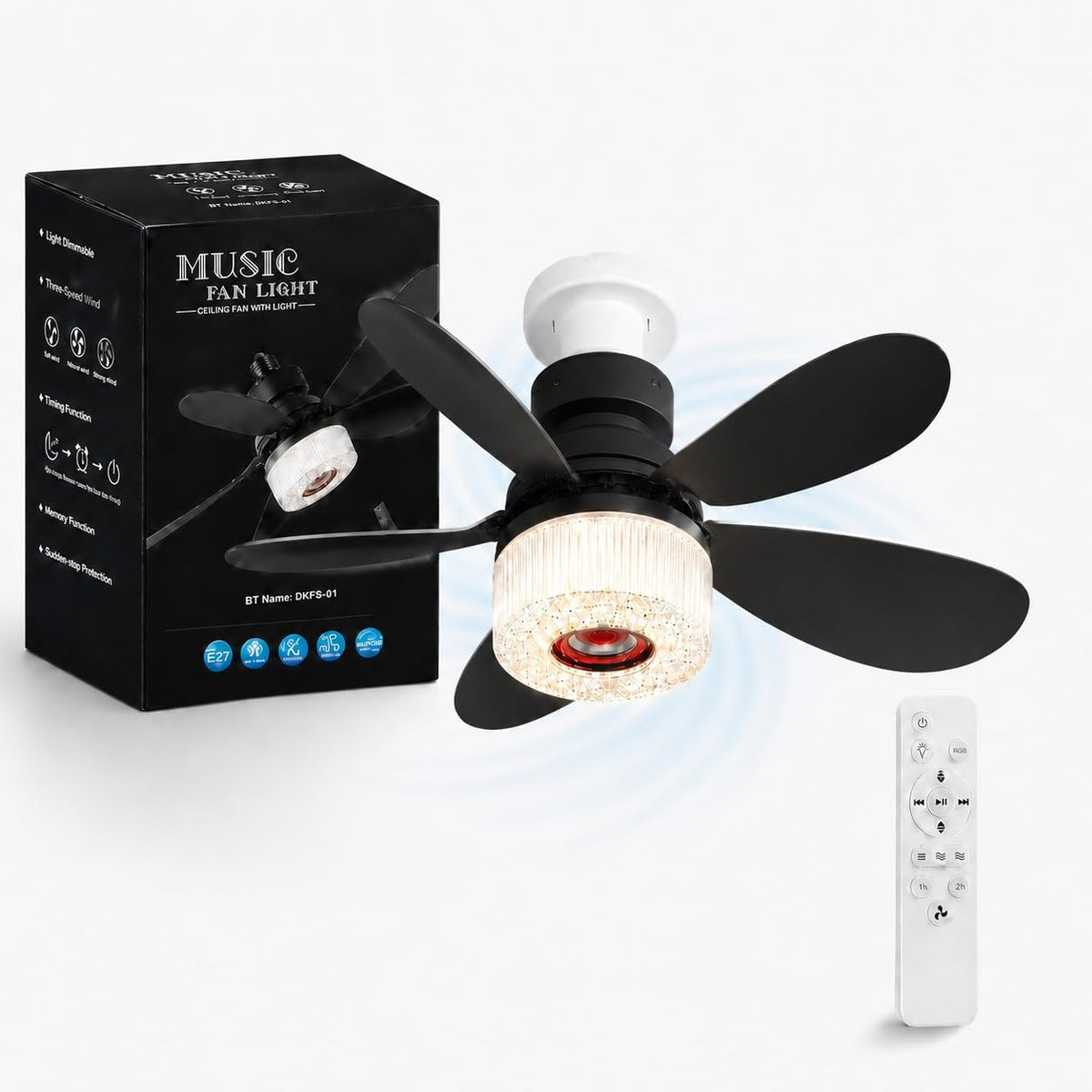 Socket Fan Light with Remote, Music Ceiling Fan with Bluetooth Speaker, 9 Color RGB Lights, 3000-6500K, 3 Fan Speeds, Timer, Small Ceiling Fans for Bedroom?Living Room, E26/E27 Base (Black)