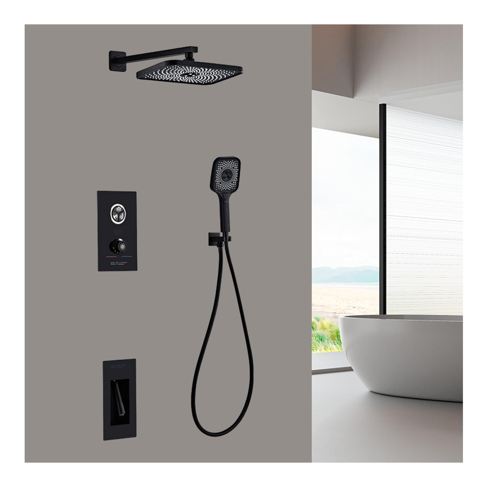 Rain Shower System, Black Bathroom Shower Faucet Set Digital Display Shower Fixtures 3 Functions Shower Kit with Valve and 3 Modes Handheld Shower Head, Swivel Faucet, Rain Shower