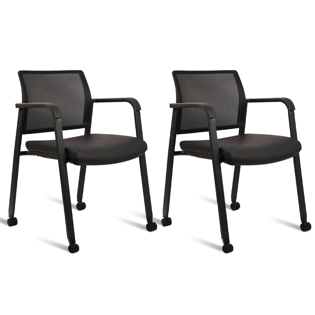 Clatina Stacking Office Chair with Wheels, Mesh Back Waiting Room Guest Chairs with Arms Comfortable Leather Cushion Stackable Desk Chair for