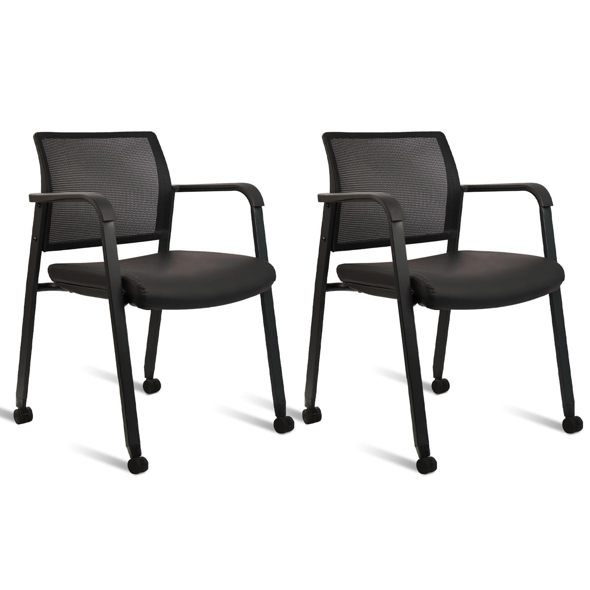 Clatina Stacking Office Chair with Wheels, Mesh Back Waiting Room Guest Chairs with Arms Comfortable Leather Cushion Stackable Desk Chair for