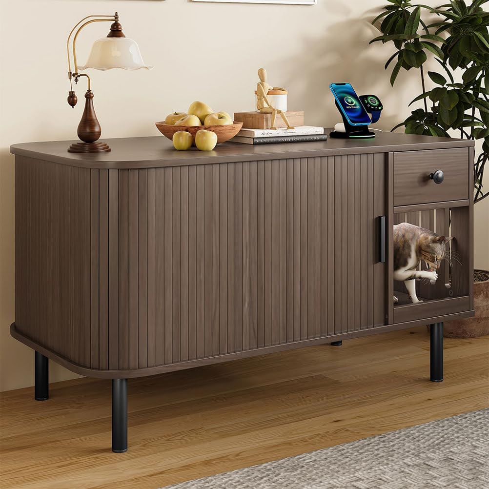 Cat Litter Box Enclosure Furniture with Sliding Door & Charging Station, Hidden Cat Litter Box Cabinet with Drawer & Shelves, Modern Indoor Cat House Side Table for Living Room Bedroom, Brown