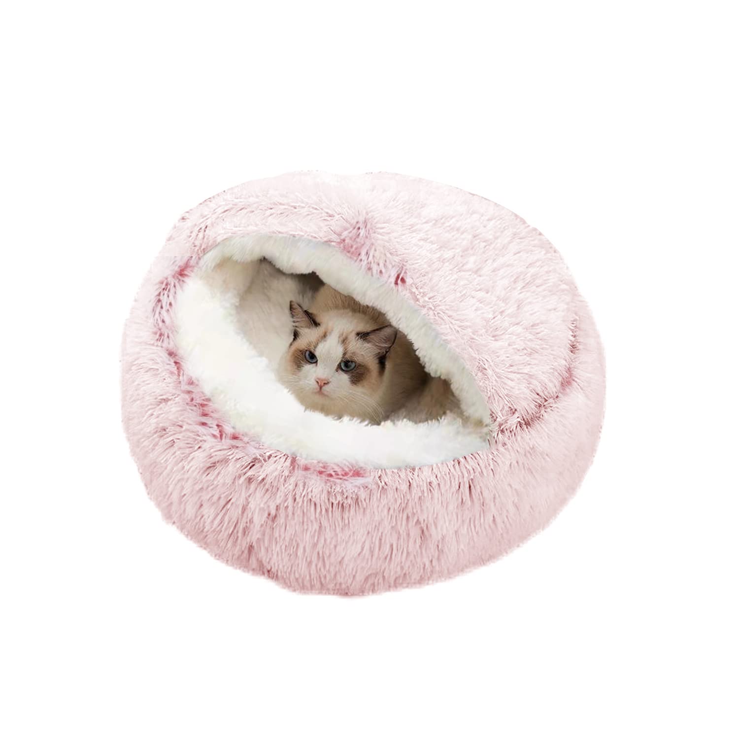 SUOXU Anti-Anxiety Cat Bed, Plush Hooded Cave, 20 in Diameter, Suitable for Small to Medium Pets, Pink