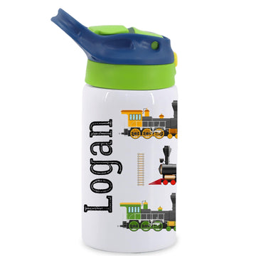 Personalized Train Water Bottle for Kids / 12oz Insulated Stainless Steel Cup with Lid & Straw/Custom Name Locomotive Bottle for School, Preschool, or Travel/Train Track Design