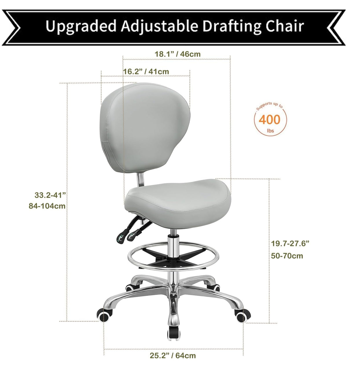 Kaleurrier Adjustable Stools Drafting Chair: with Back Rest & Foot Rest, Standrd, Grey