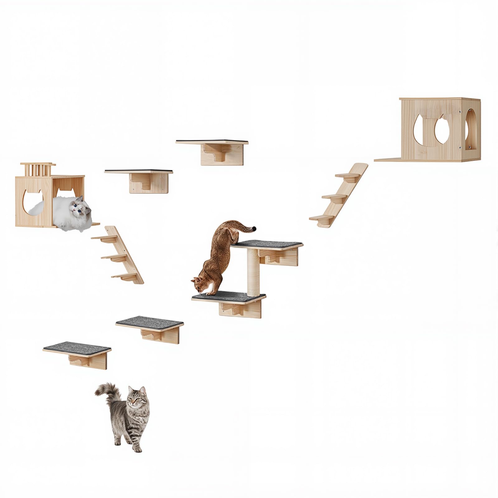 VEVOR Wall Mounted Cat Shelves, Cat Wall Shelves and Perches with Jumping Boards, Cat Beds, Hammocks & Cat Tree, Cat Furniture and Shelves up to 40 lbs for Sleeping, Playing, Climbing, Set of 9