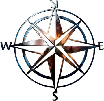 Nautical Compass Rose Metal Wall Art Decor Copper Bronzed Plated and Blue Marbled (24" x 24")