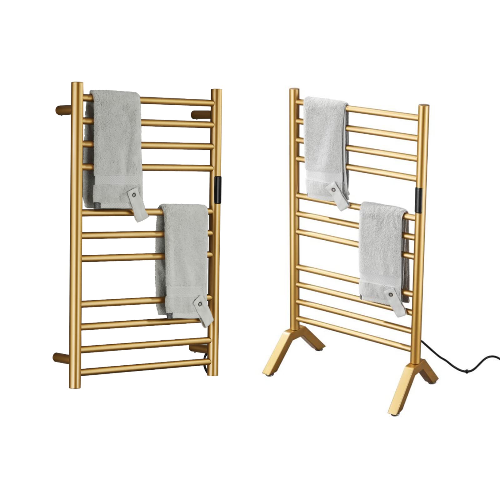 Electric Towel Warmers Radiator with Built-in Timer Gold, 140W Wall-Mounted & Freestanding Heated Towel Drying Rack with 11 Bars, 304 Stainless Steel Heated Towel Rail for Bathroom, Plug-in