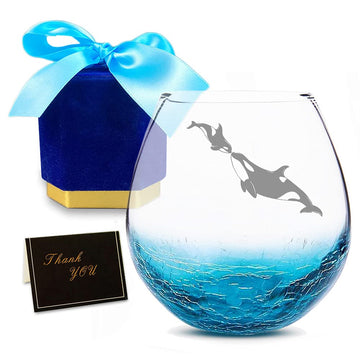 Etchpress Christmas Day Gifts for Mom 2025, Killer Whale Orca Handmade Etched Crackle Wine Glass, Great Gifts for Orca Lover