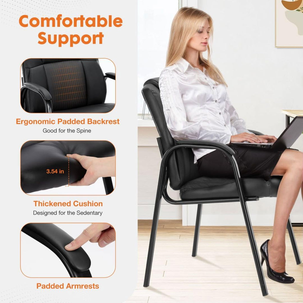 Uocfyk Pu Leather Conference Room Chair, Tall Back Chairs with Padded Arms and No Wheels, Guest Chairs of 2 for Reception Waiting Room Black
