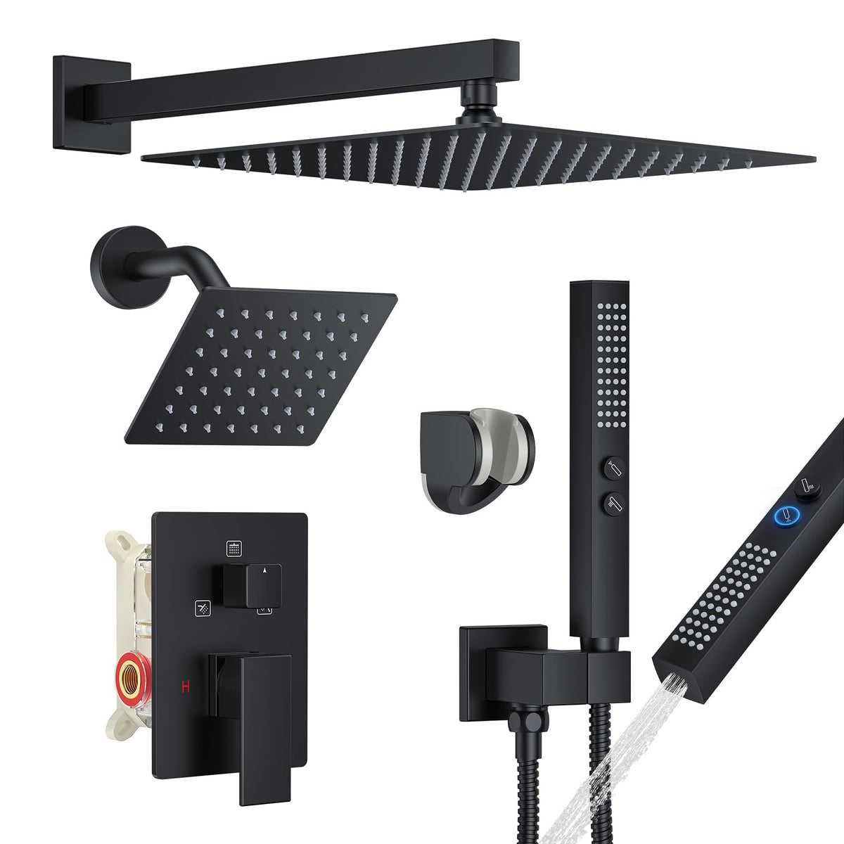 Rain Shower System Matte Black Shower Faucet Set, Dual Rainfall Shower Head Set with 2 in 1 Handheld Spray, Wall Mounted Bathroom 12-inch & 6-inch Square Showerheads with Valve, Matte Black