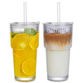 20oz Ribbed Glass Tumbler with Straw & Lid – 2 Pack Iced Coffee Cups,Glass Mug for Cold & Hot Beverages Travel Cup for Smoothies, Tea, and Juice
