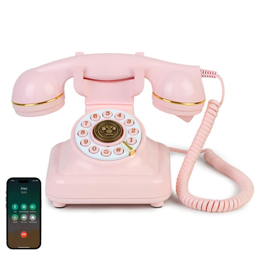 Vintage Bluetooth Phone, Retro Desk Telephone with Gold Accents, Loud Nostalgic Ringtones, Bluetooth Connects to Smartphone for Home & Office, Pink