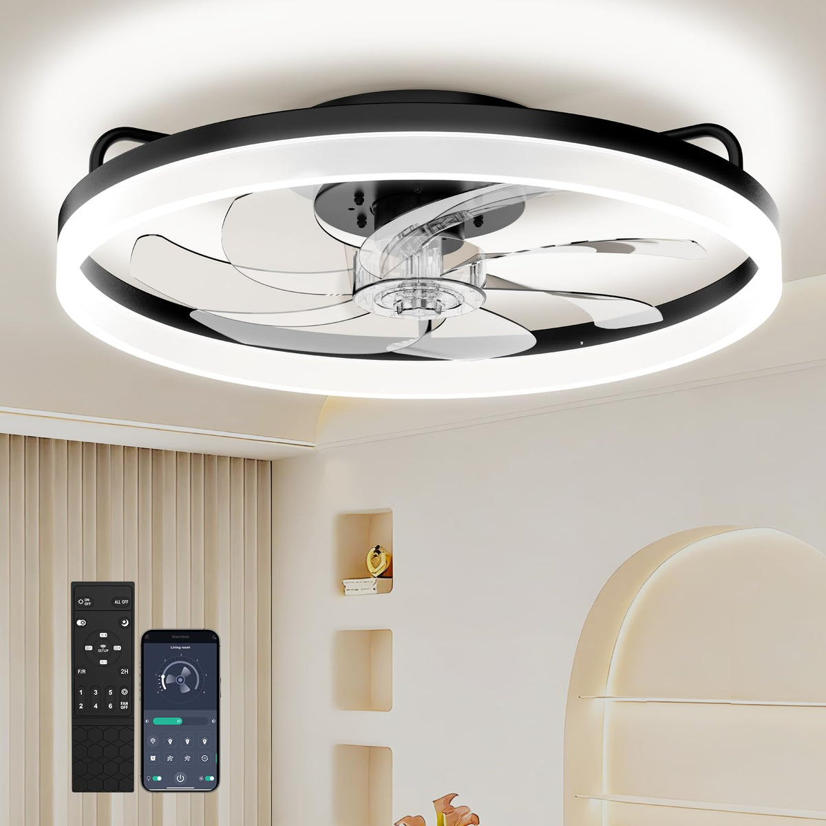 Ceiling Fans with Lights and Remote, 20 Inch Low Profile Ceiling Fan, Upgrade 7-Blade Flush Mount LED Fan Light, 3000K-6500K Dimmable Modern Fandelier Ceiling Fans for Bedroom, Black