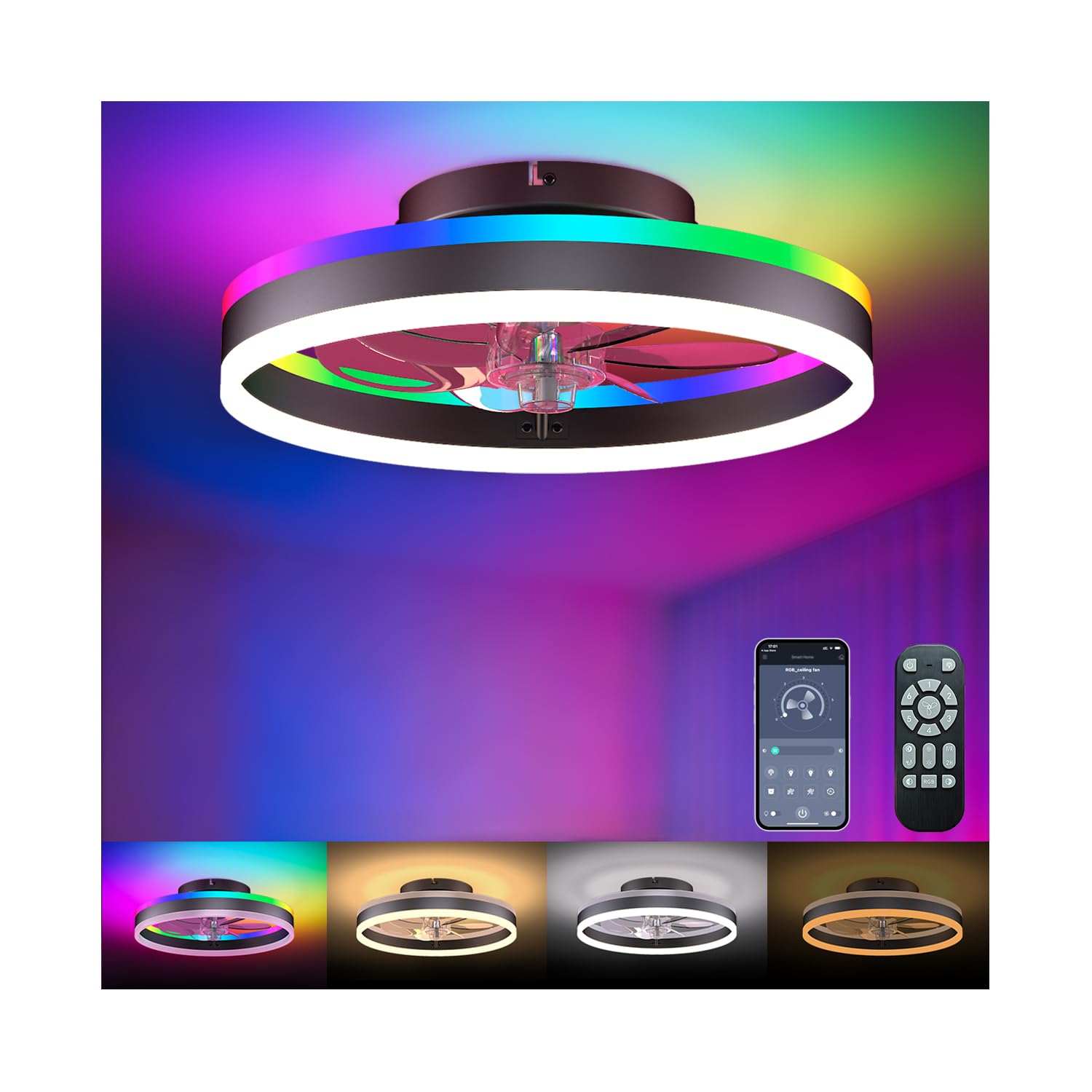RGB Ceiling Fan with Lights, Low Profile Ceiling Fans with Lights and Remote, Flush Mount LED Fan Light, Modern Bladeless Fandelier for Bedroom Works with APP, 16IN Black