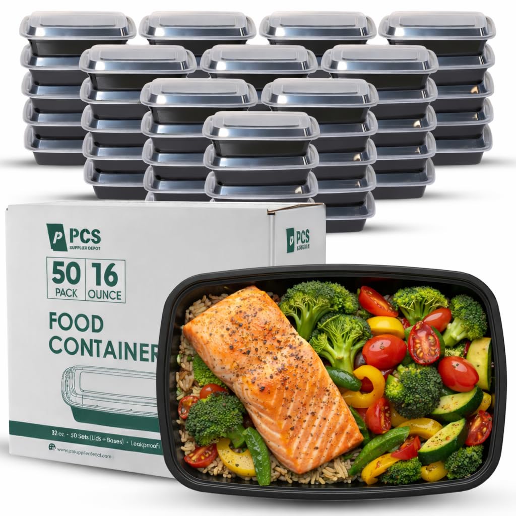 50 Pack (100 Piece) 16 oz Meal Prep Containers Reusable BPA Free Leakproof Stackable Food Storage Containers with Lids, Microwave & Dishwasher Freezer Safe To Go Bento Box Style Take Out Clear Plastic