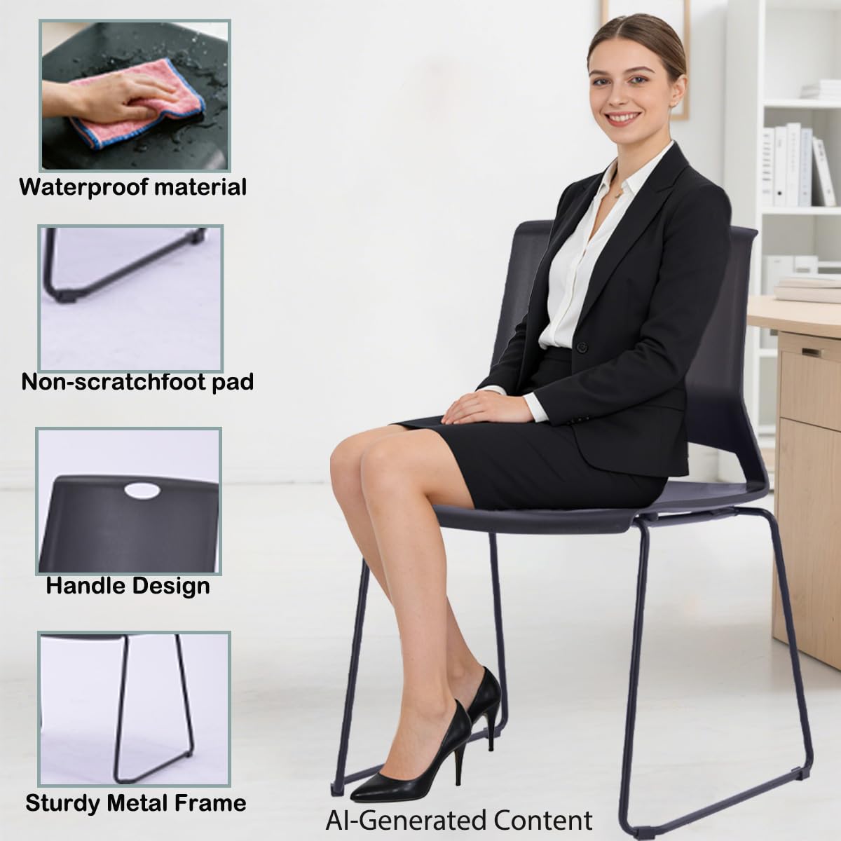 Black Plastic Stackable Chairs Set of 4 for Waiting Room Conference Church