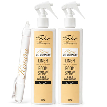 Tyler Glam on Demand - Diva Scent Linen and Room Spray 2 Pack - Air Freshener and Odor Eliminator Bundle with Kinara Stain Remover Pen - Laundry Bundle