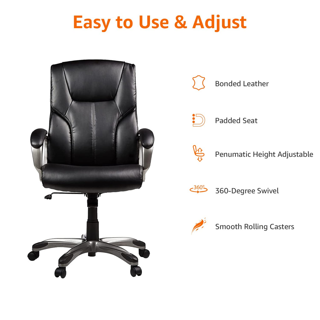Basics Executive High Back Office Chair, Adjustable Height, Tilt, Swivel, Padded Seat, Bonded Leather, Wheels, Black/silver